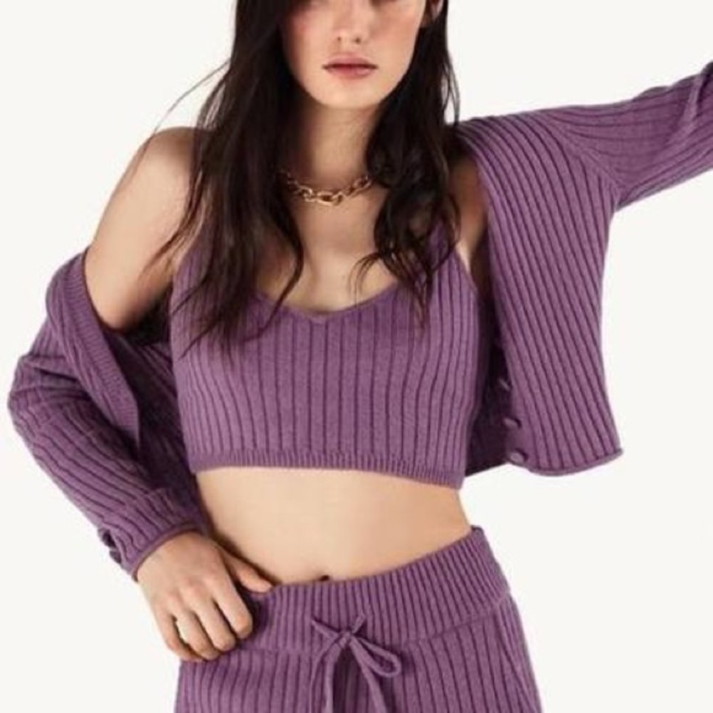 Zara Purple Ribbed Sweater Set (cardigan + crop top)